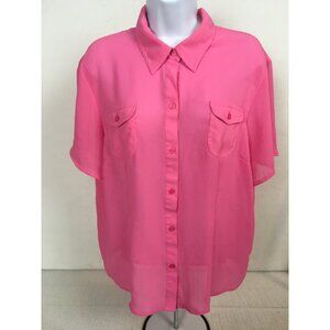 Croft n Barrow Top Women Size XL Pink Button Up Pockets Short Sleeves Semi Sheer